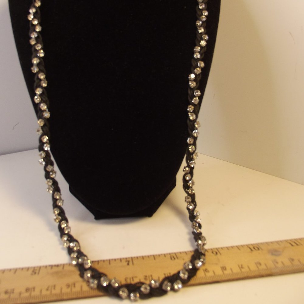 Black Cord & Crystal Rhinestone Braided Necklace